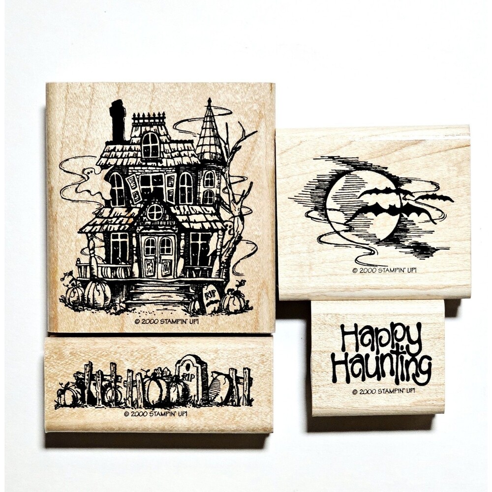 Stampin Up Halloween Haunted House Rubber Stamp Set 4 Happy Haunting Moon VGC!